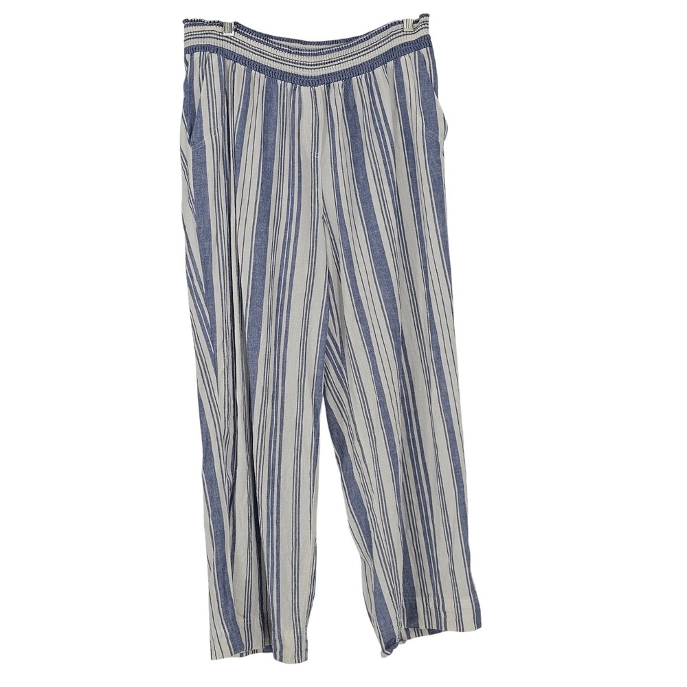 Land 'n Sea Linen Blend Wide Leg Pants 2X Blue White Striped Coastal Beachy